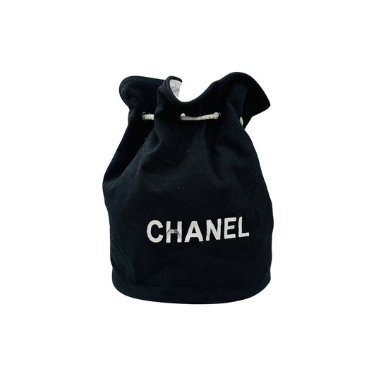 Chanel Vintage Black Canvas Logo Drawstring Bucket Bag