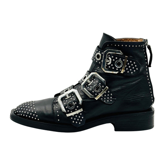 Zara Triple Buckle Leather Studded Ankle Boots (Size 41)