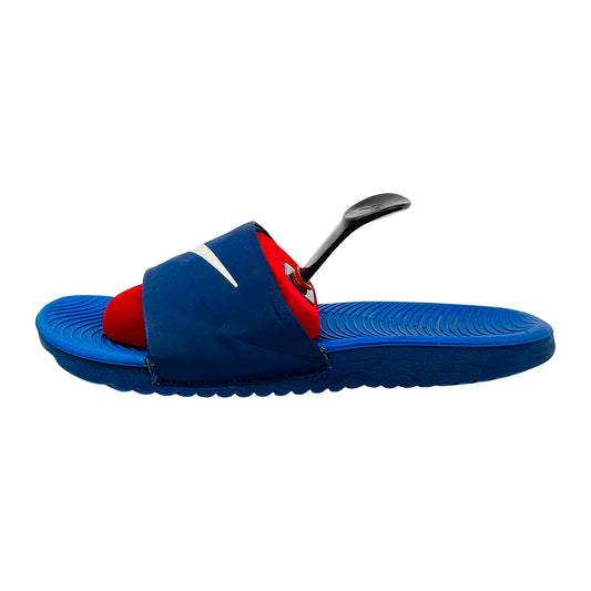 Blue nike slide with red filling on a white background