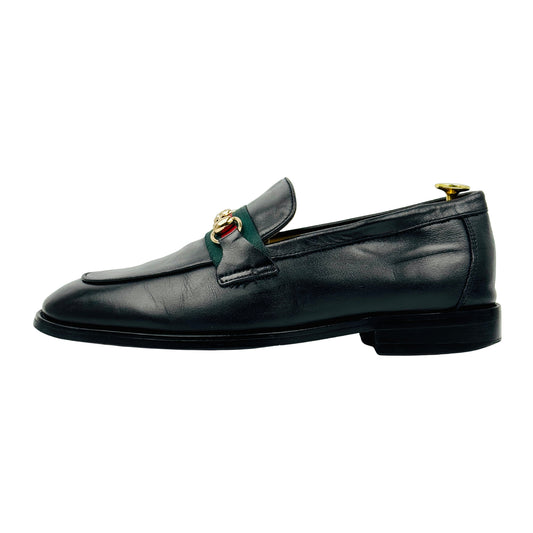 Gucci Black Leather Web Horsebit Loafers (Size 42)