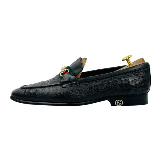 Gucci Black Croc-Embossed Horsebit Loafers (Size 42/42.5)