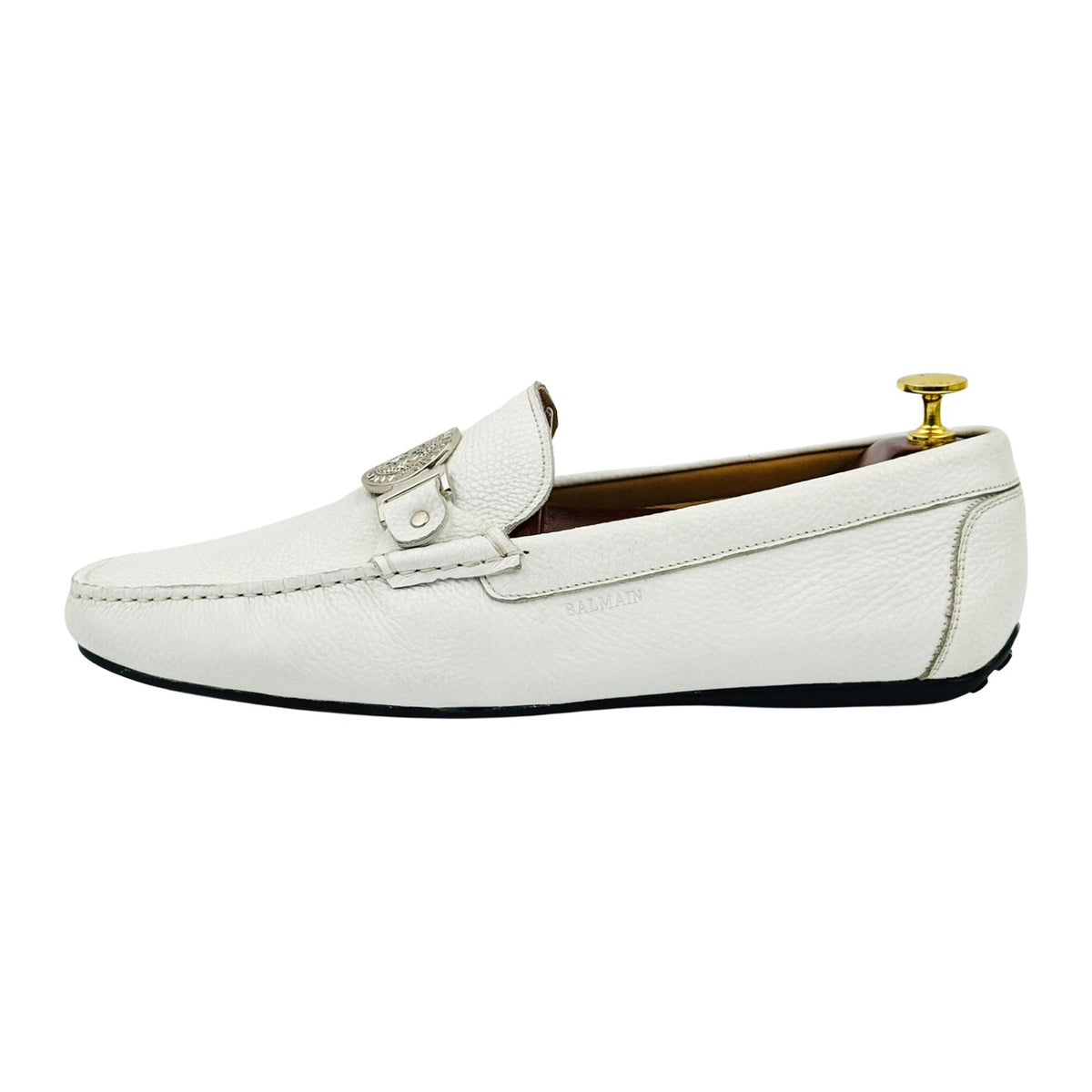 Balmain White Pebbled Leather Driving Loafers (Size 44)