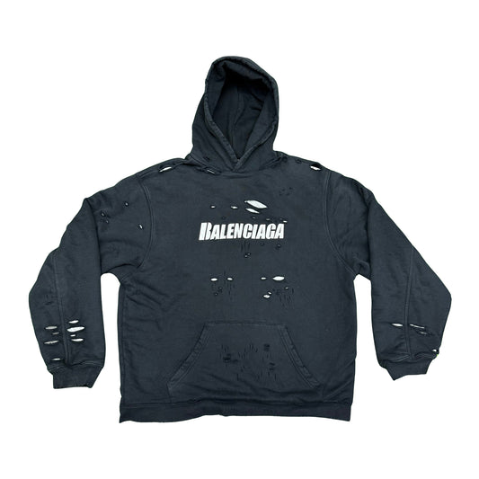 Balenciaga Caps Destroyed Black Hoodie (Size Small/Medium)