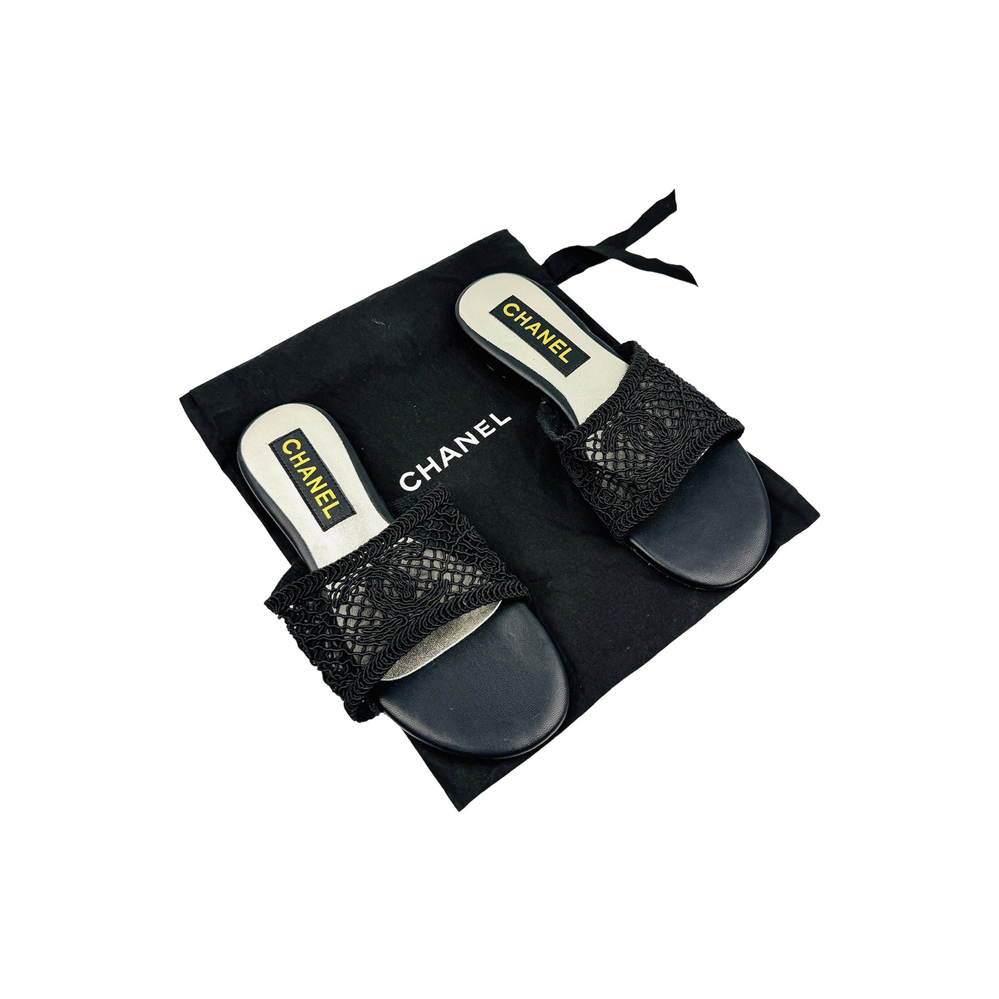 Chanel Black Crochet Knit CC Logo Sandal Slides (Size 37)
