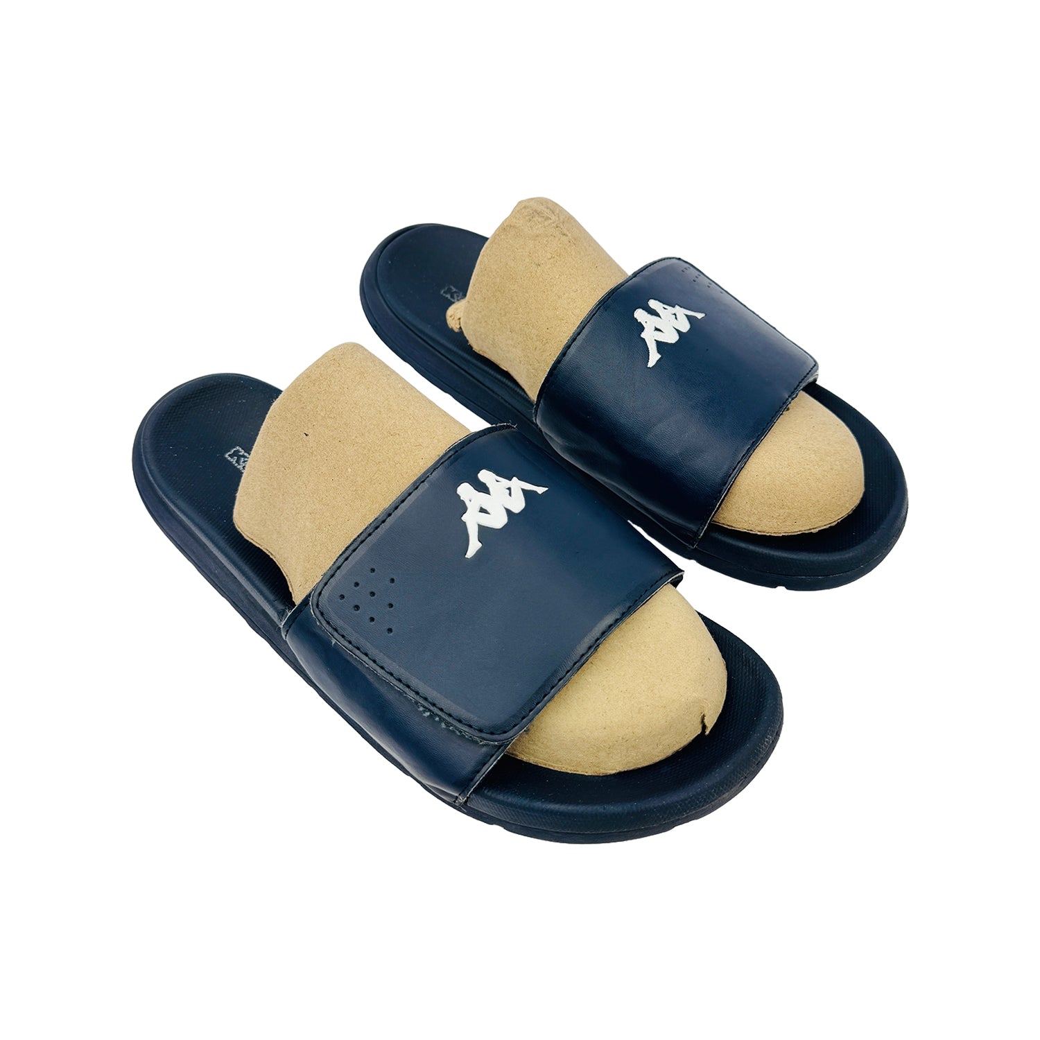 Pair of navy blue Kappa slides with  white background