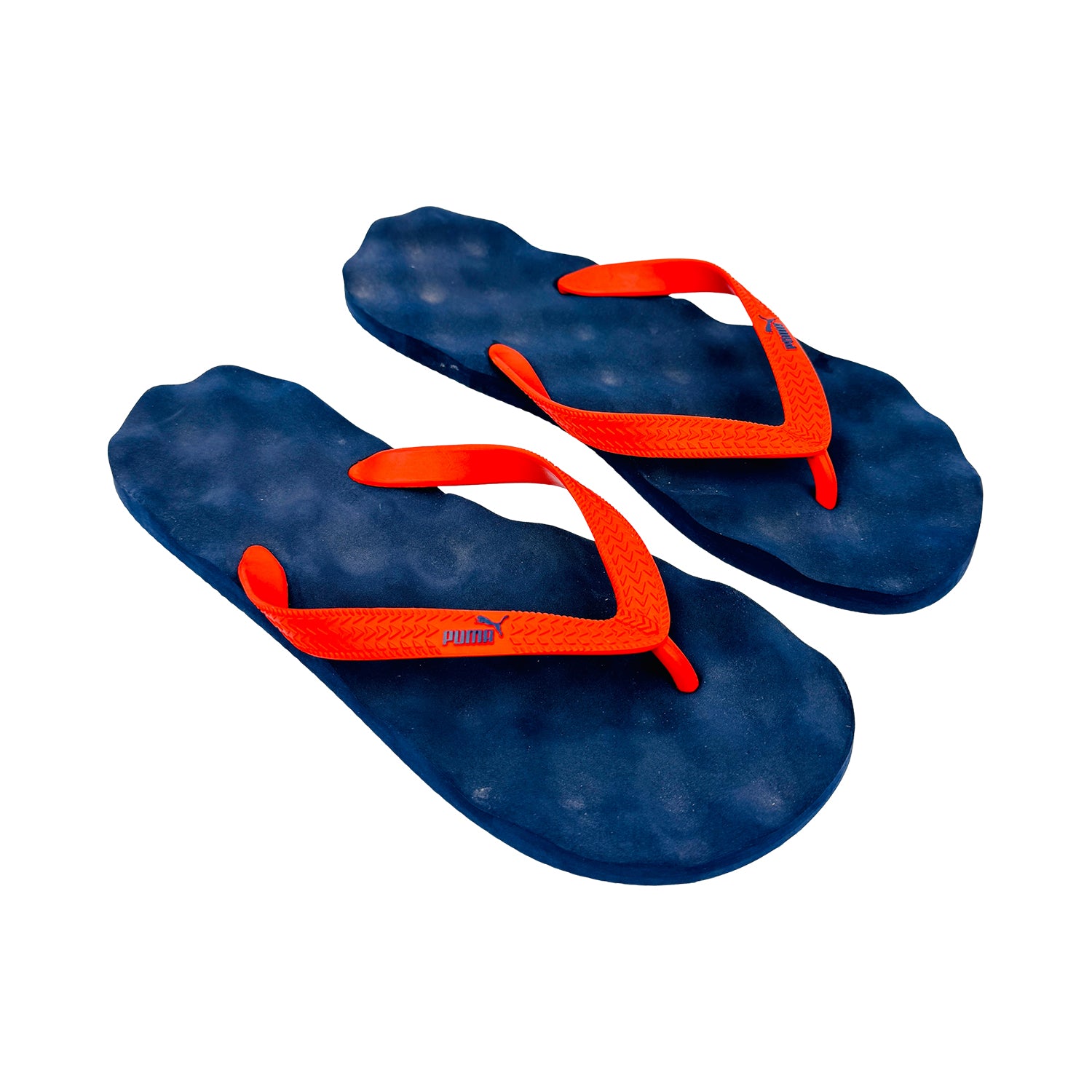 Pair of puma blue and orange flip-flops on a white background