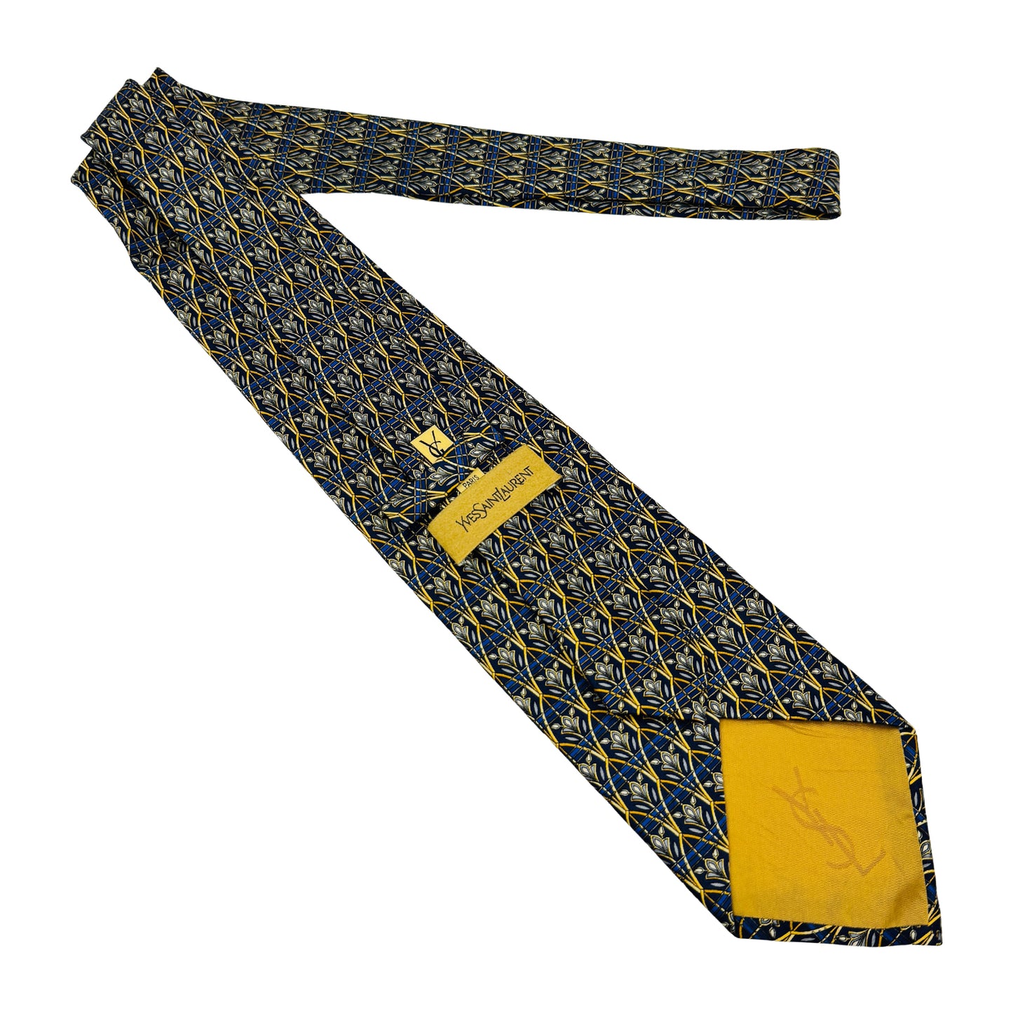 Yves Saint Laurent Navy Blue 'Geometric Floral Pattern' Tie (Size Regular)