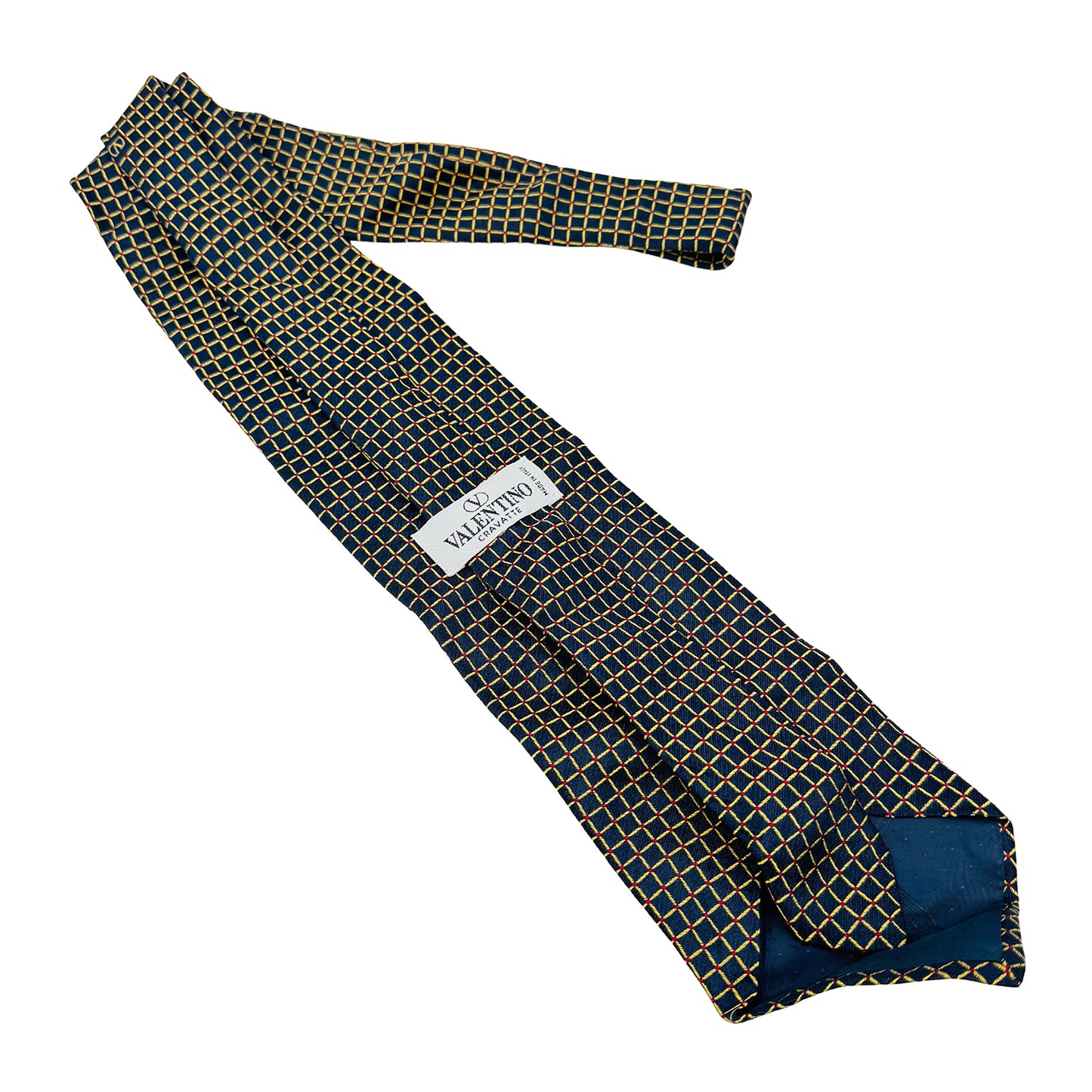 Valentino Navy Blue 'Yellow Grid Pattern' Silk Tie (Size Regular)