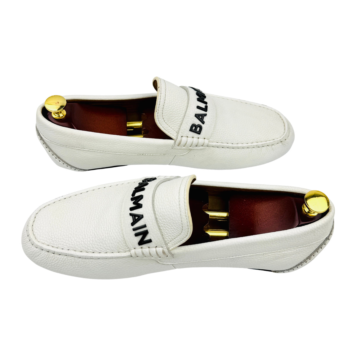 Balmain Pebbled Leather White Driving Loafers (Size 45)
