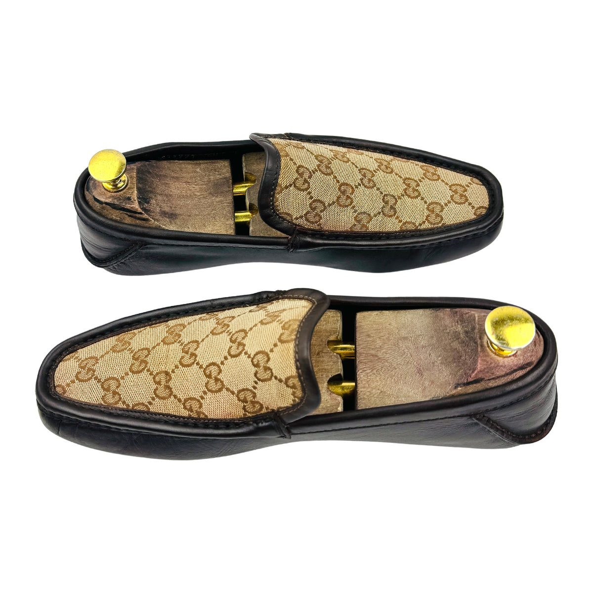 Gucci GG Canvas Dark Brown Leather Driving Loafers (Size 41)