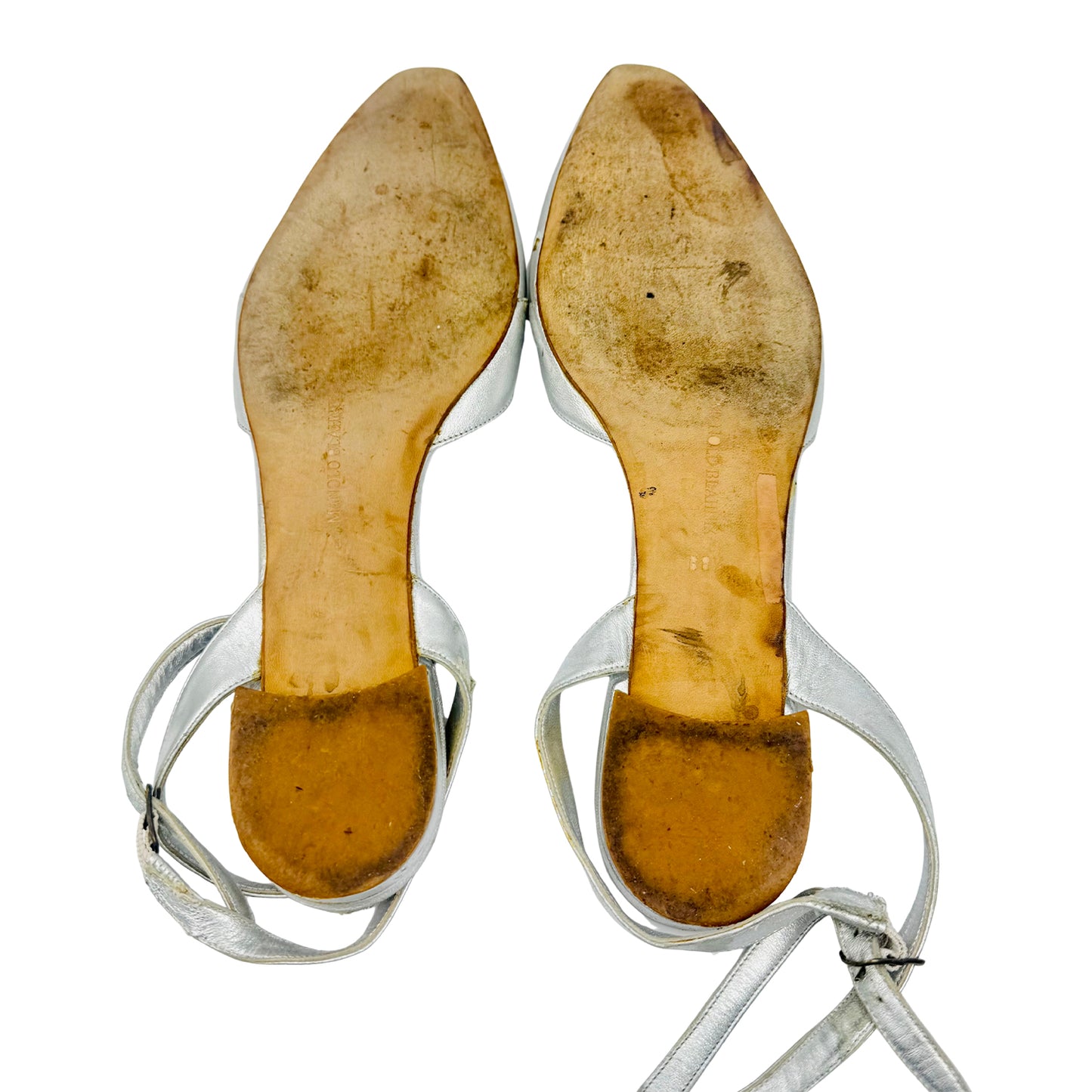 Manolo Blahnik Silver Ankle-Strap Flats (Size 39/39.5)