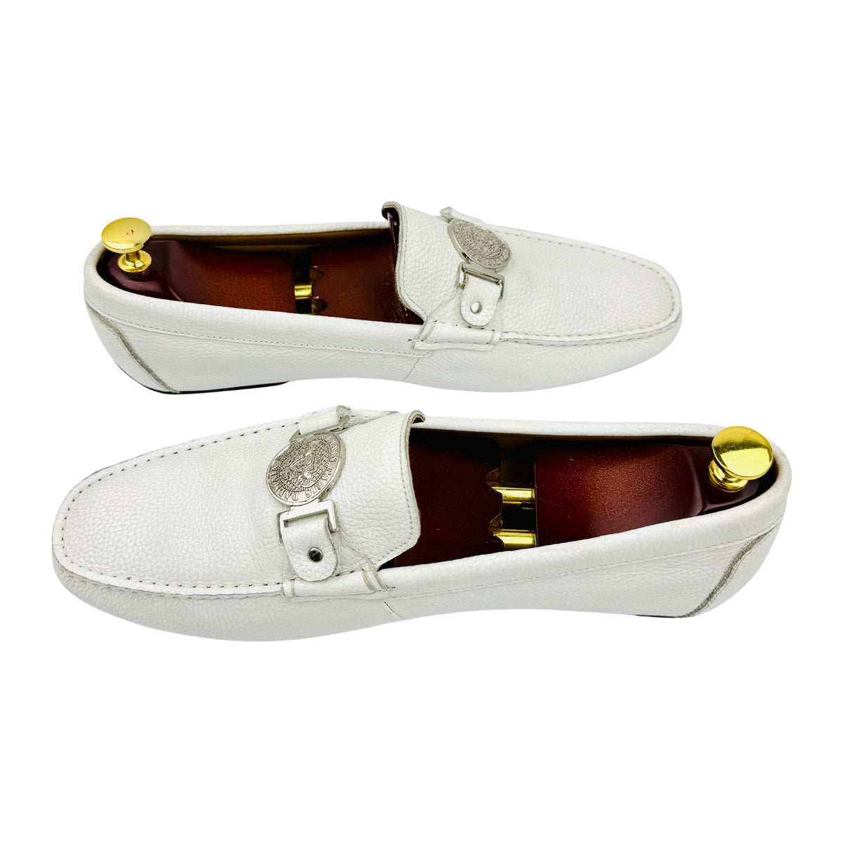 Balmain White Pebbled Leather Driving Loafers (Size 44)