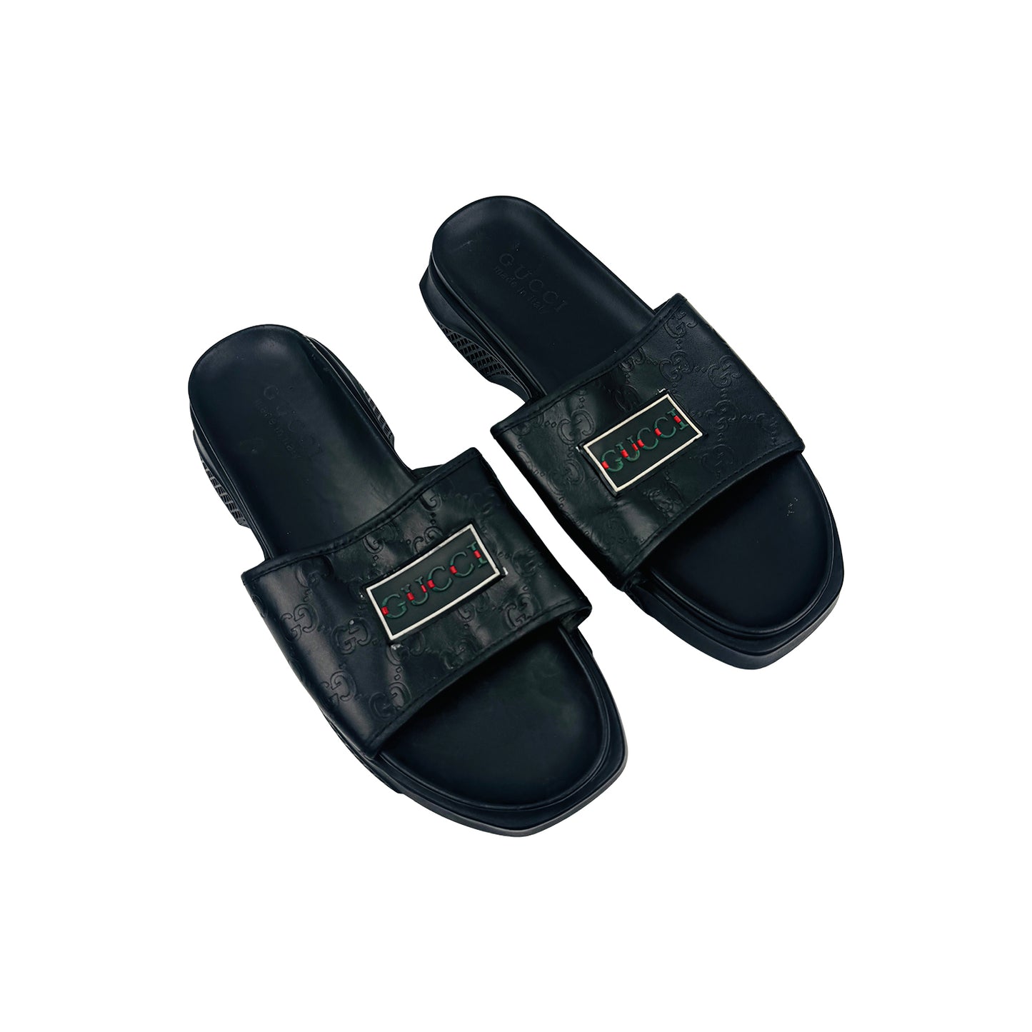 Gucci Men's Logo Embossed Black Leather Slides (Size 42.5)