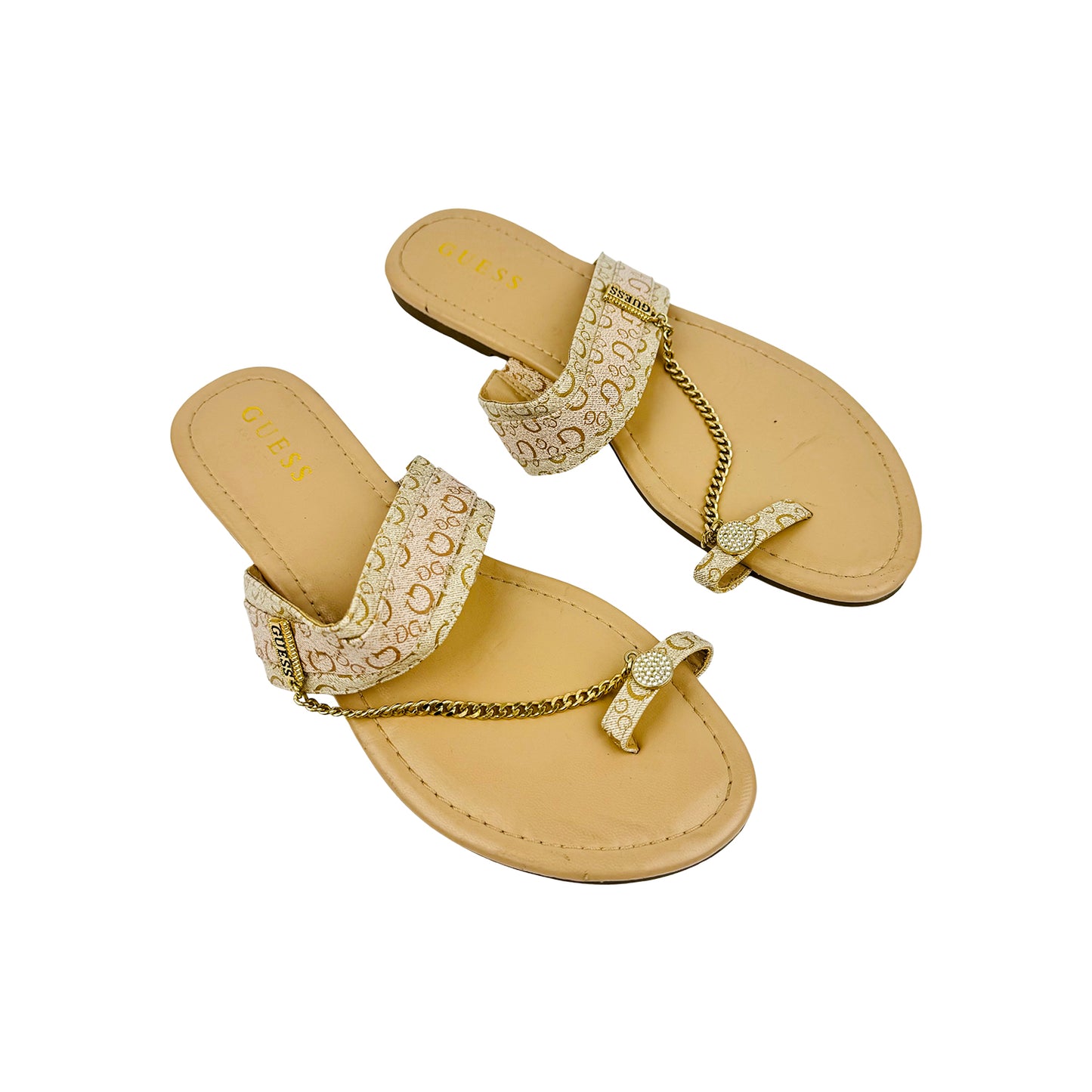 Guess Women's Beige Off-White Chain Sandal Slippers (Size 41)