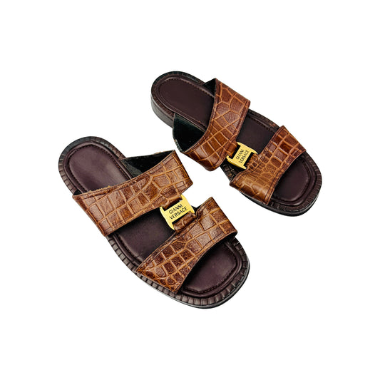 Versace Brown Crocodile Embossed Strap Slides (Size 42.5)