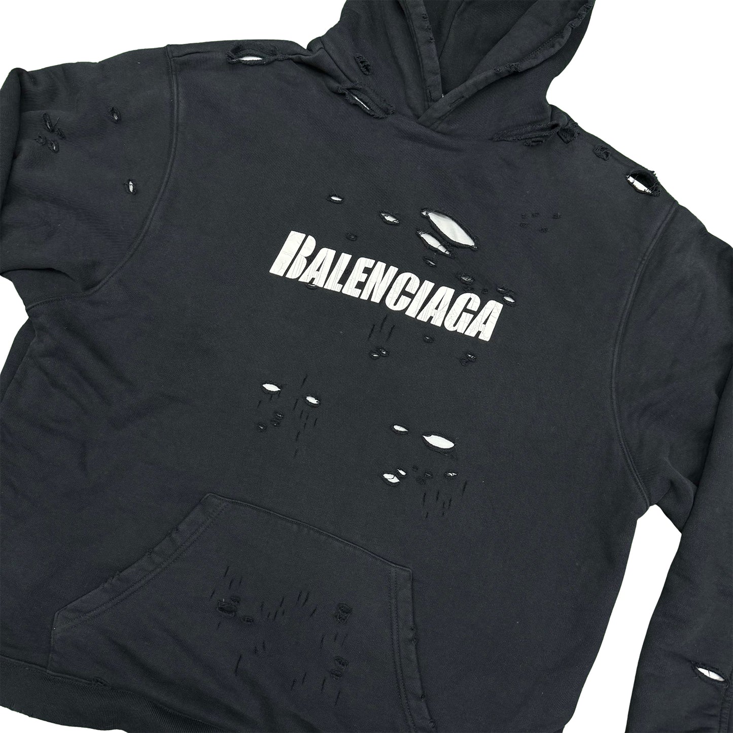Balenciaga Caps Destroyed Black Hoodie (Size Small/Medium)