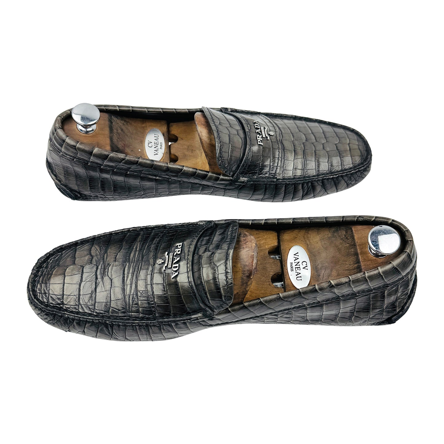 Prada Crocodile-Embossed Leather Driving Loafers (Size 45)