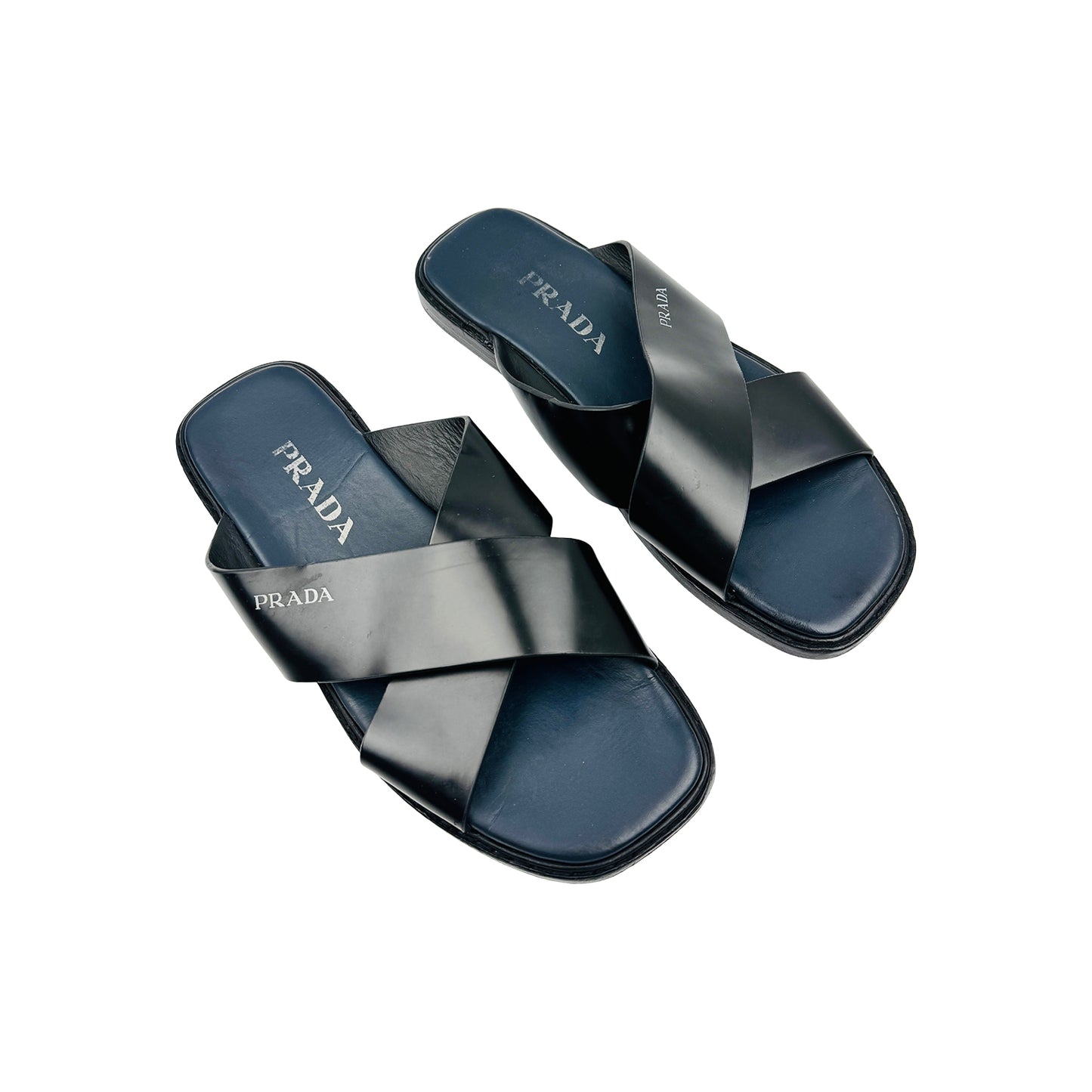 Prada Black Leather Cross Strap Sandal Slides (Size 43/43.5)