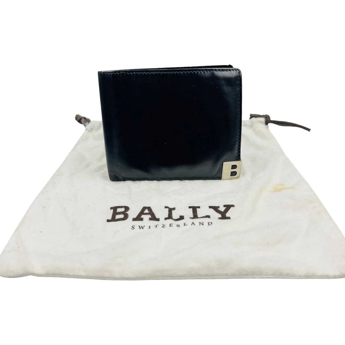 Bally Black Leather Bi-Fold Metal B Corner Wallet