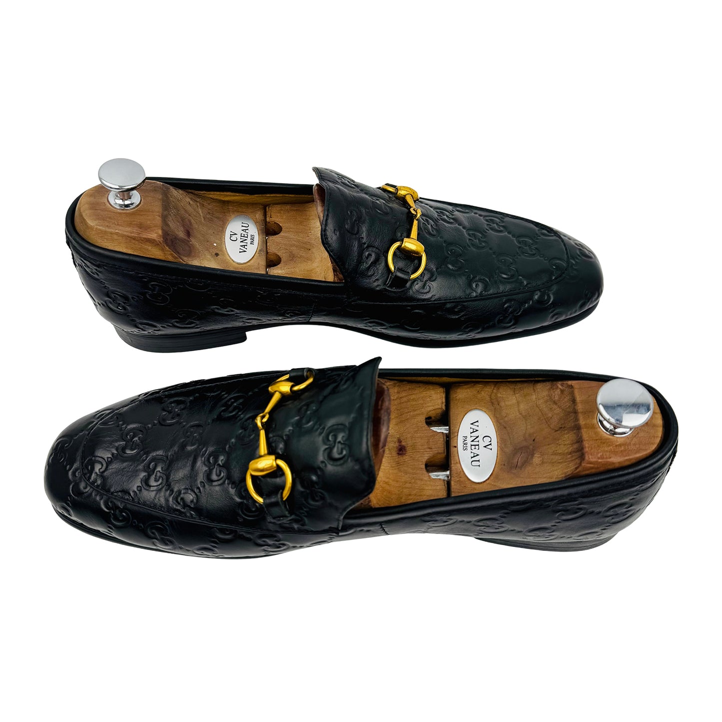 Gucci Jordaan Black Leather GG Embossed Loafers (Size 45)