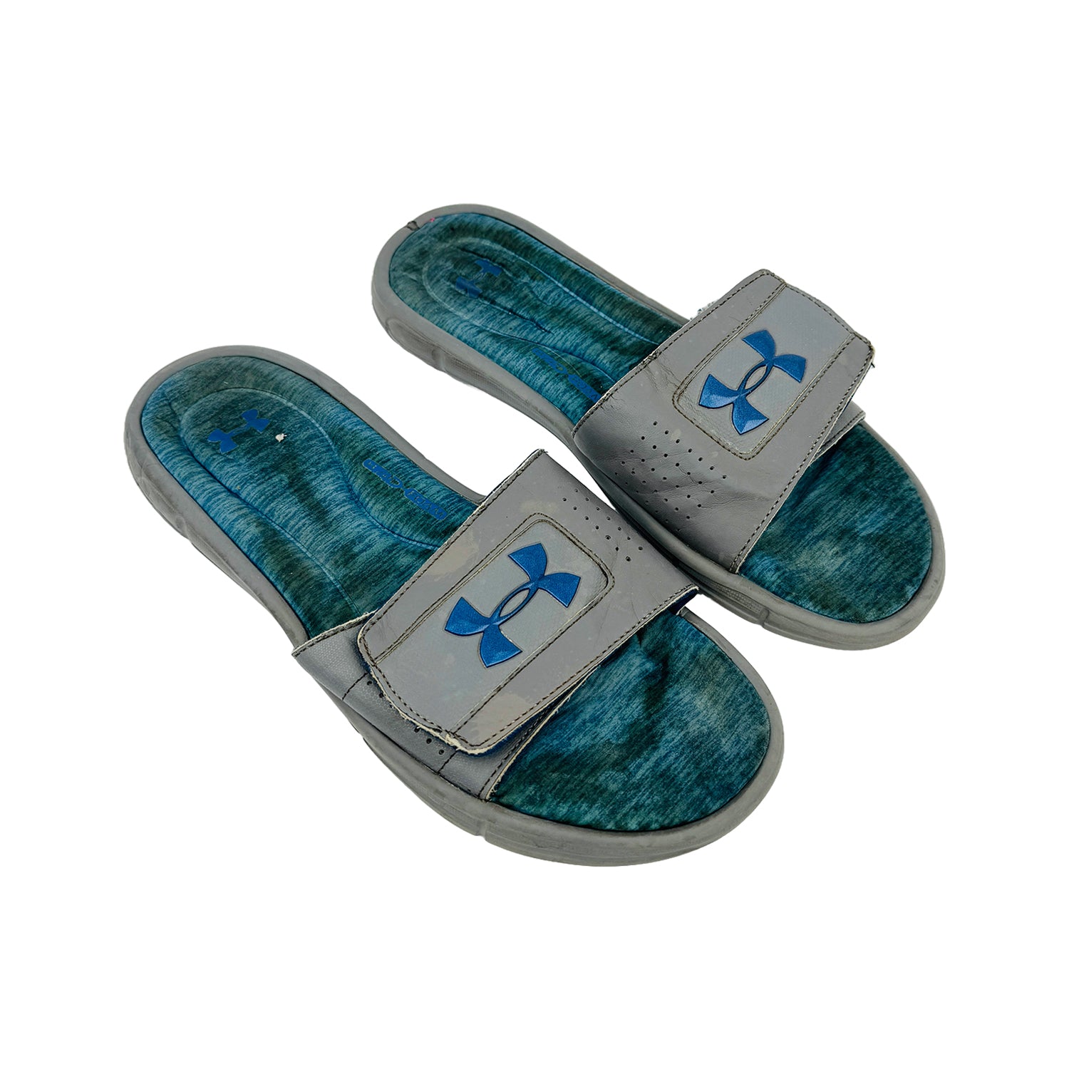 Right Side image of Under Armour Men's Grey Blue Slippers (Size 45/46)