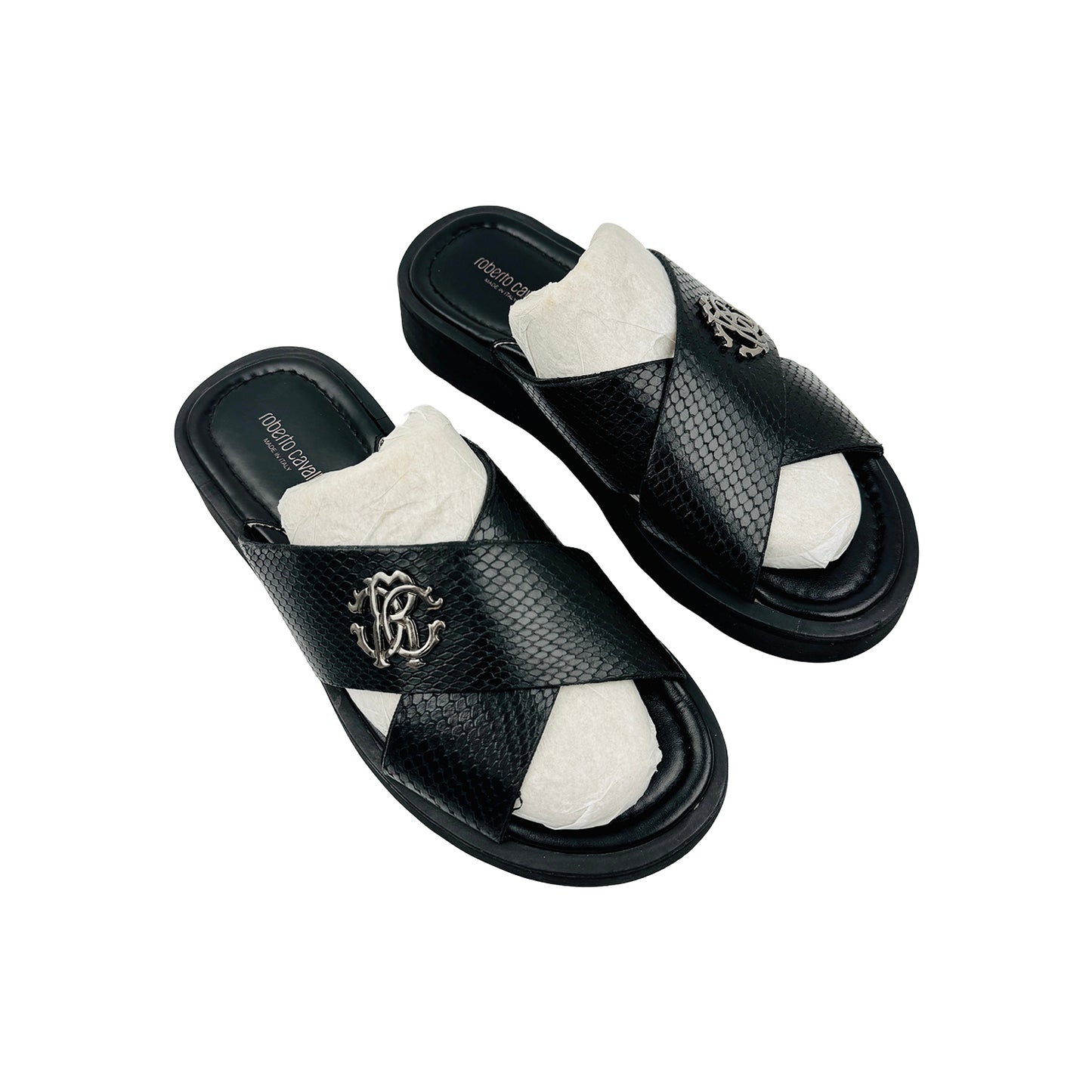 Roberto Cavalli Snake Effect Black Leather Slides (Size 41)