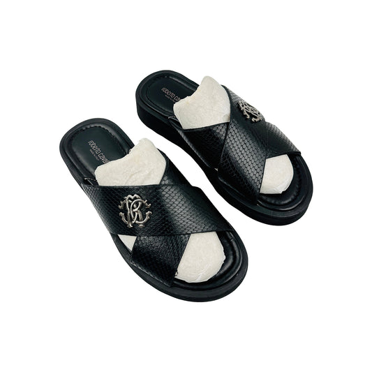 Roberto Cavalli Snake Effect Black Leather Slides (Size 41)