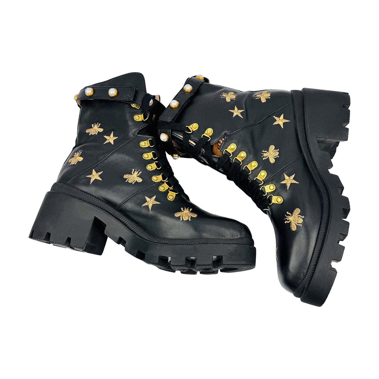 Gucci Bee Star Embroidered Combat Ankle Boots (Size 40/41)