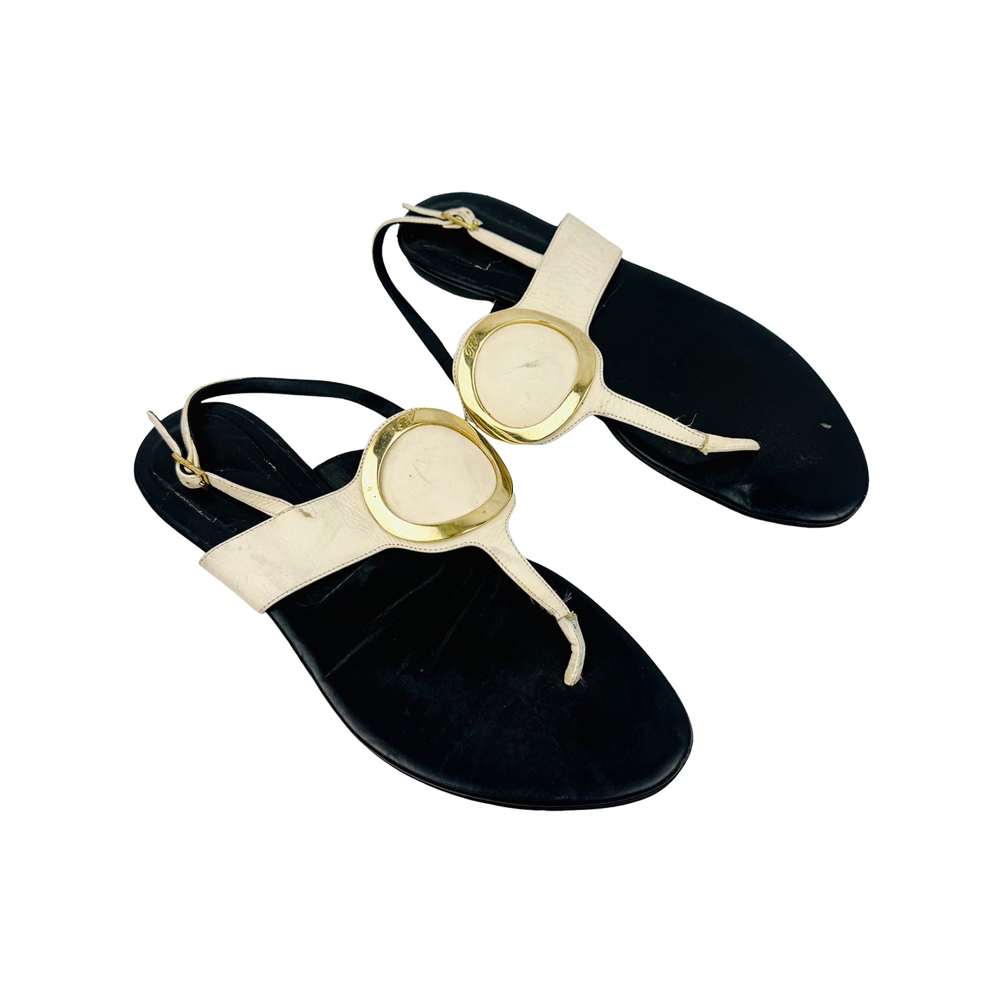 Roger Vivier Off-White Black T-bar Flat Sandals (Size 38.5)