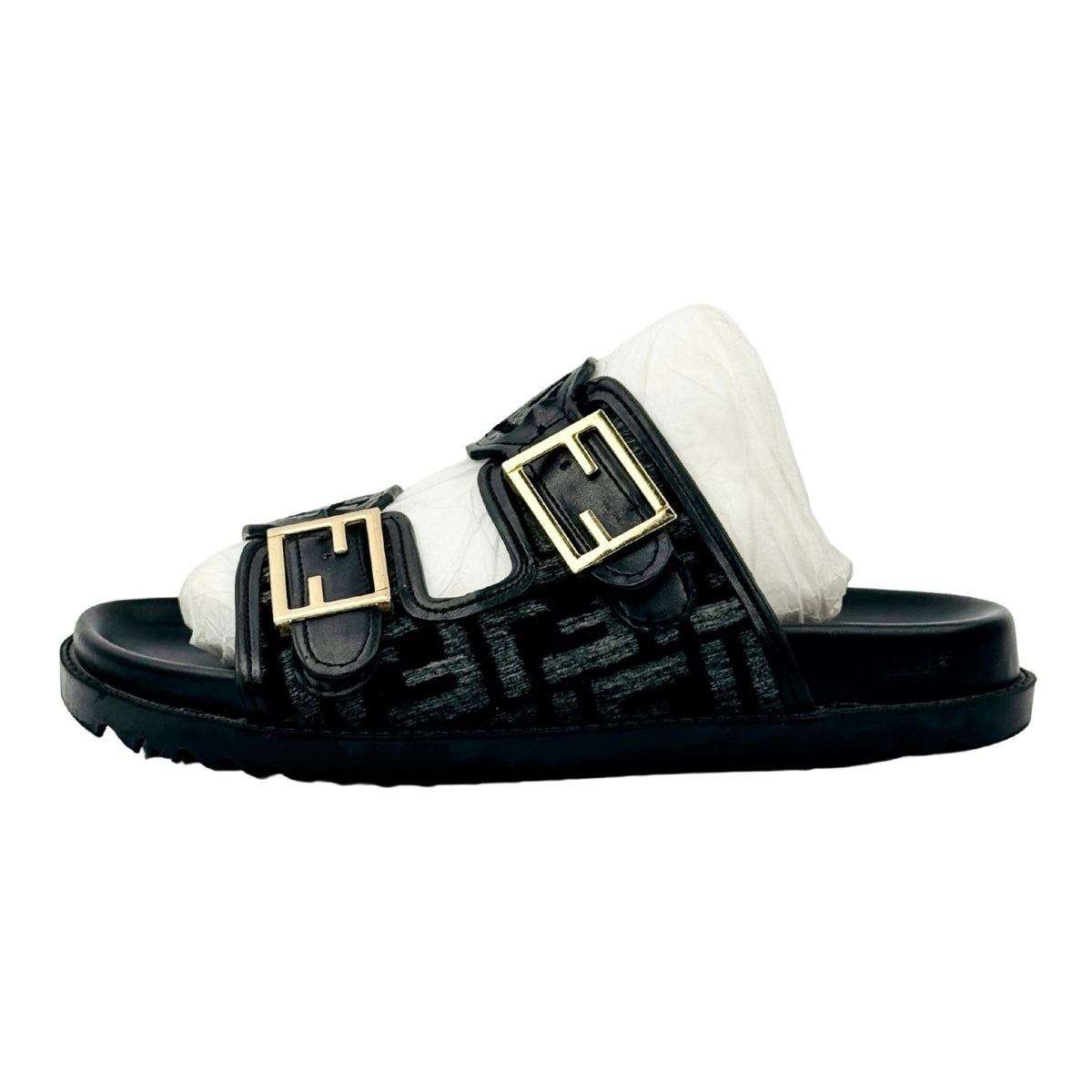 Fendi Feel FF Jacquard Dual Buckle Slide Sandals (Size 38)