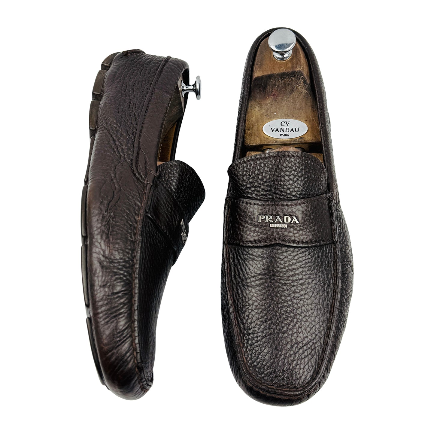 Prada Men's Dark Brown Grained Leather Loafers (Size 45)