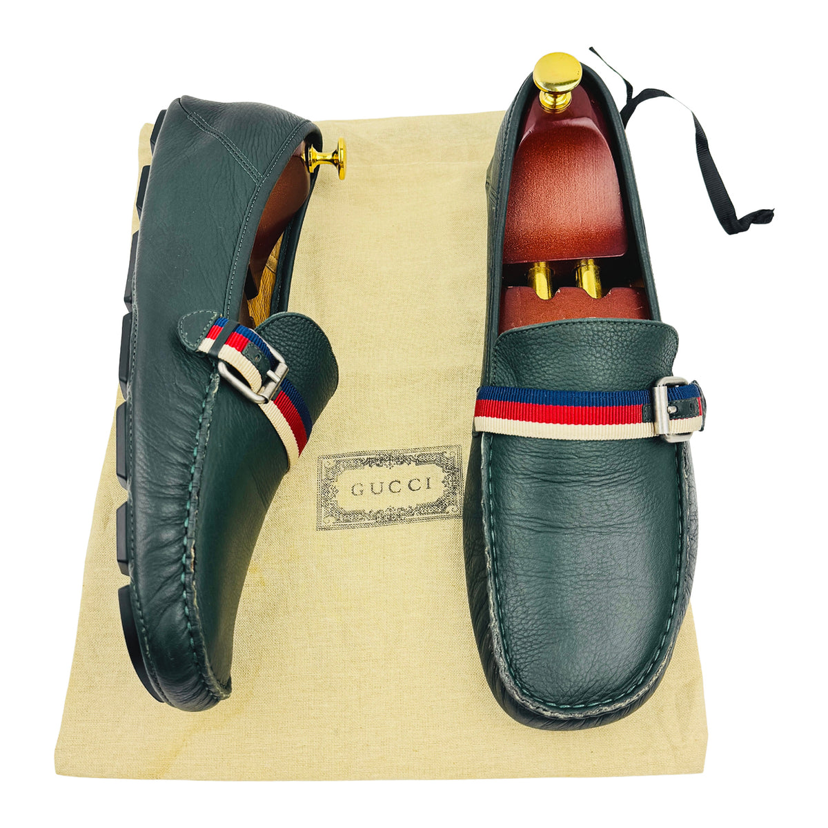 Gucci Forest Green Web Buckle 'Embroidered Bee' Loafers (Size 45)