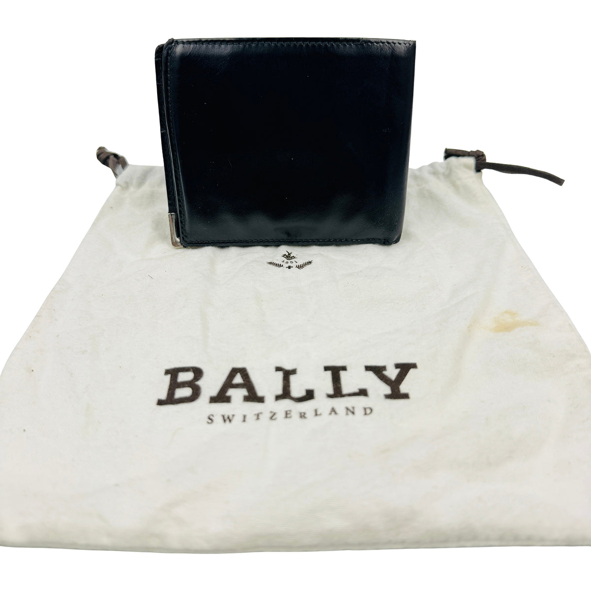 Bally Black Leather Bi-Fold Metal B Corner Wallet
