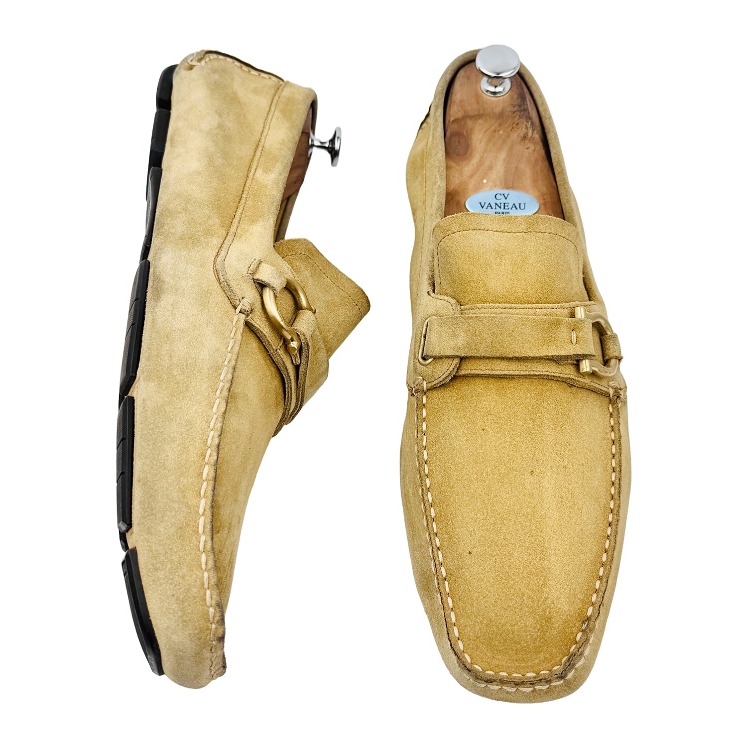 One Front One Cross image of Salvatore Ferragamo Men's Gancini Ornament Beige Loafers (Size 47)