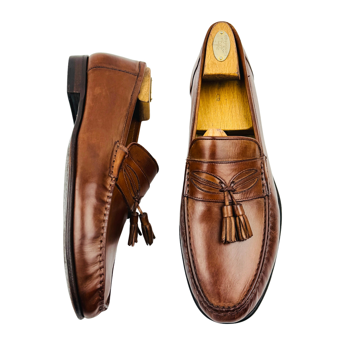 Santoni Cognac Brown Leather Tassel Loafers (Size 43)