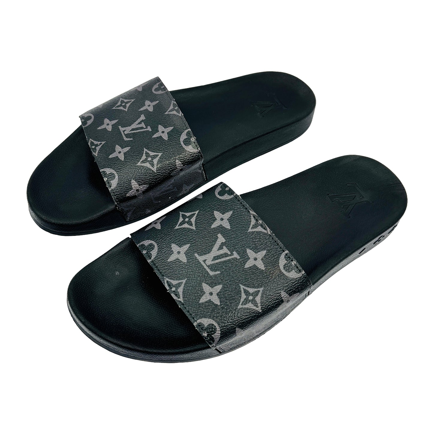 Left Side image of Louis Vuitton Waterfront Monogram Black Eclipse Slides (Size 44)