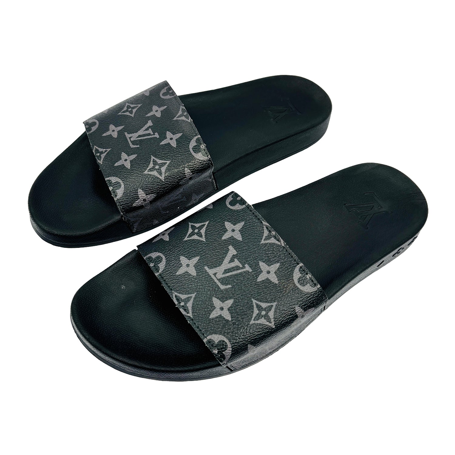 Left Side image of Louis Vuitton Waterfront Monogram Black Eclipse Slides (Size 44)