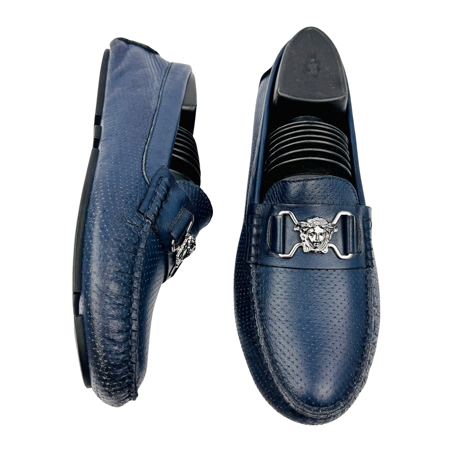 Versace Medusa Logo Embossed Blue Leather Loafers (Size 39)