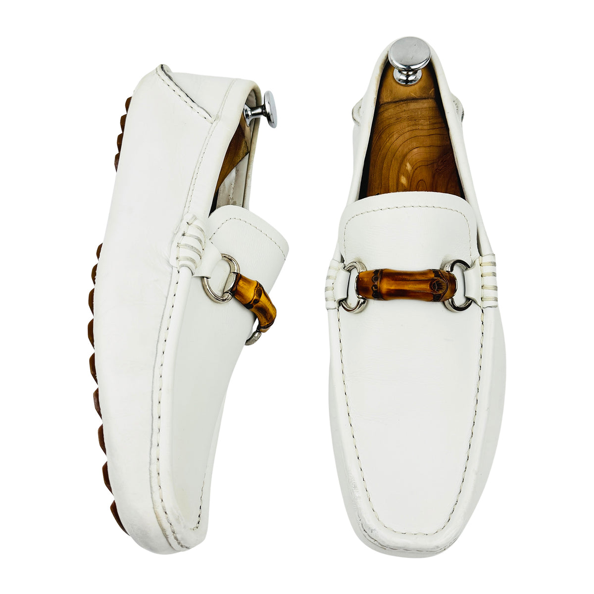 Gucci Bamboo Horsebit White Leather Driving Loafers (Size 40.5)