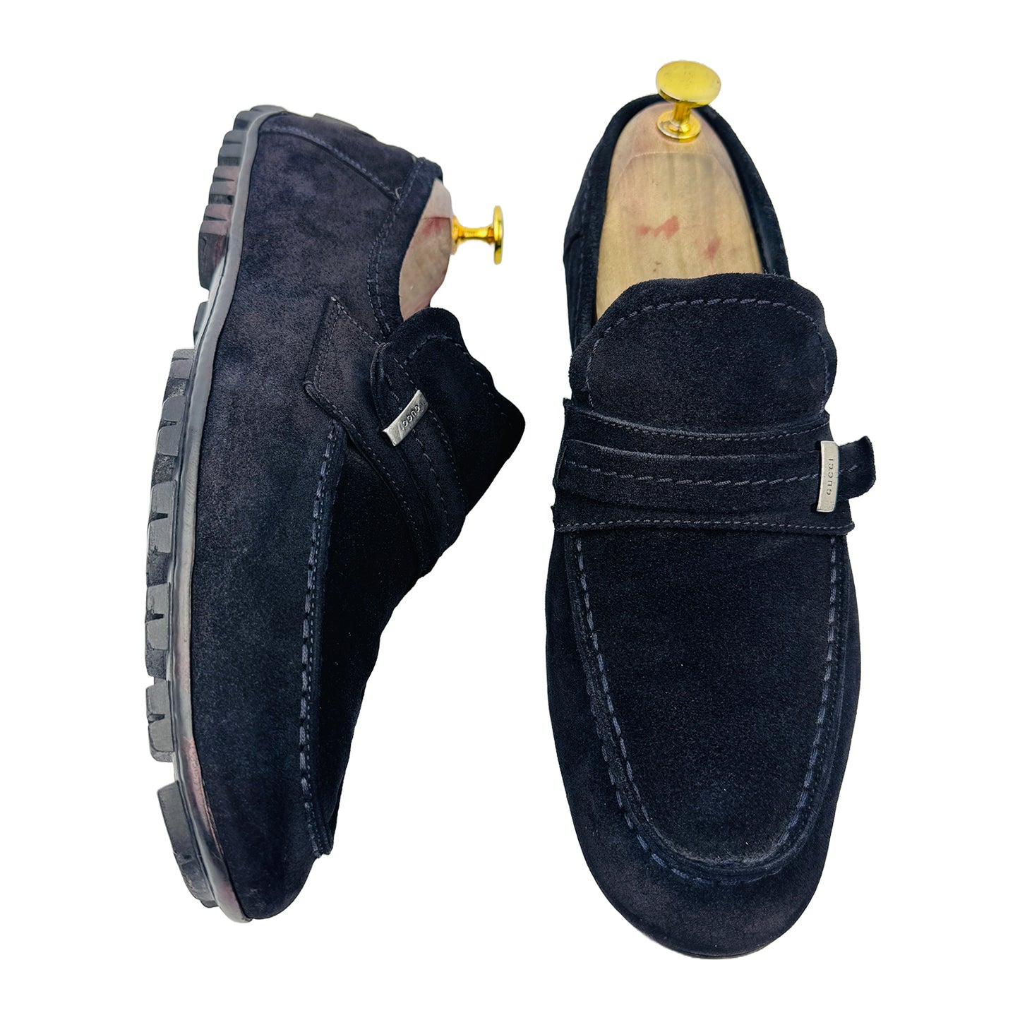 One Front One Cross image of Gucci Men's Suede Dark Blue Loafers (Size 42) - 162618