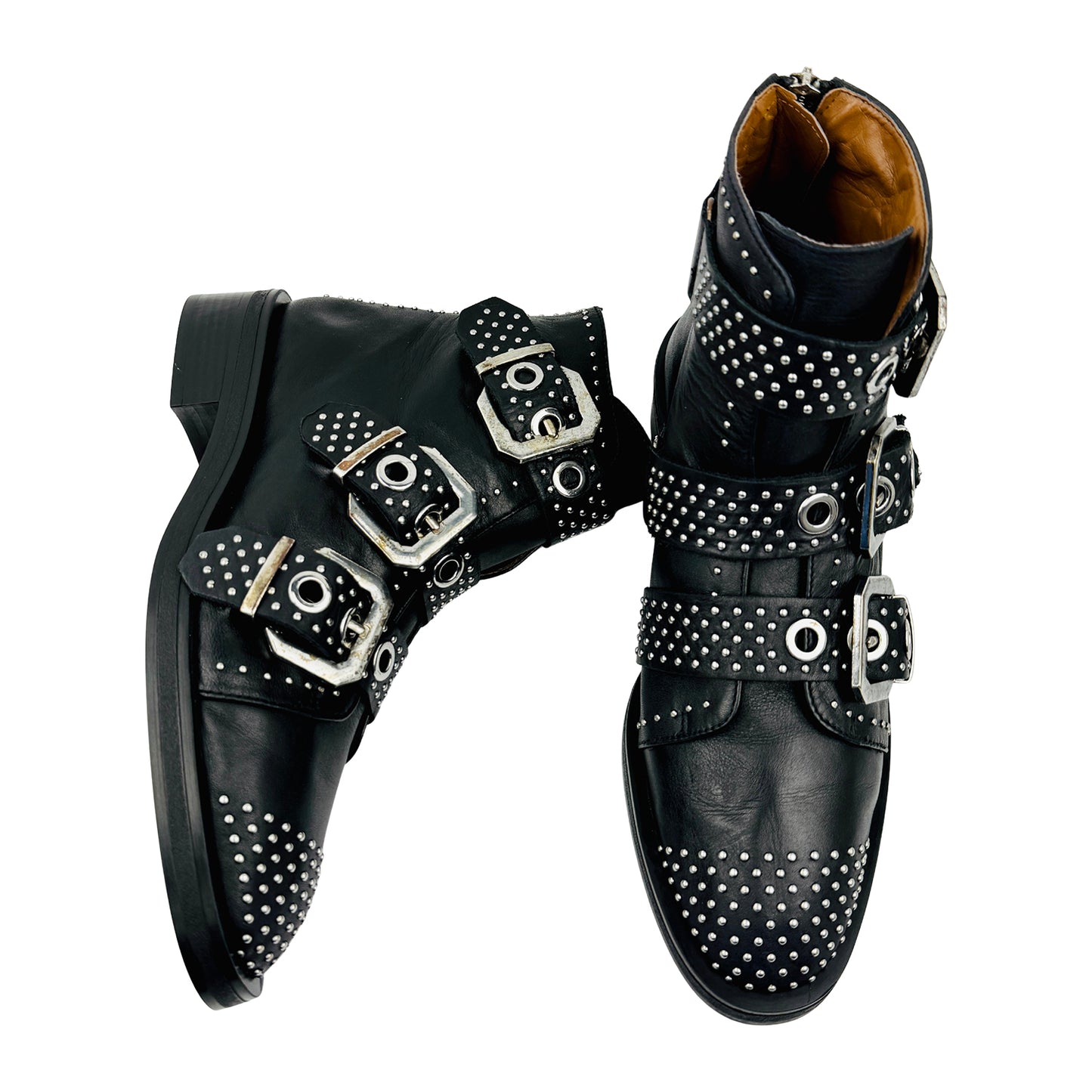Zara Triple Buckle Leather Studded Ankle Boots (Size 41)
