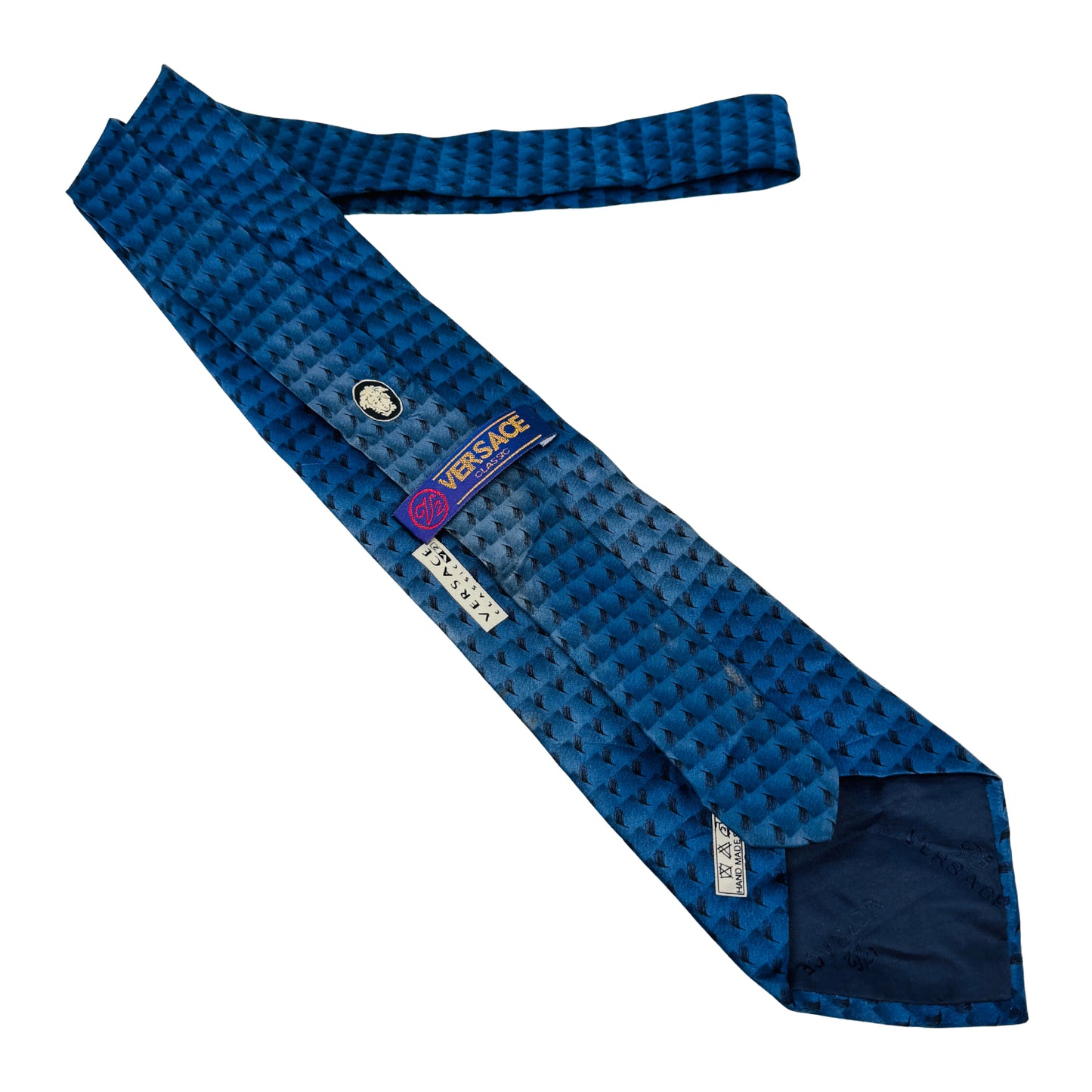 Versace Blue 'Repeating Motifs Pattern' Tie (Size Regular)