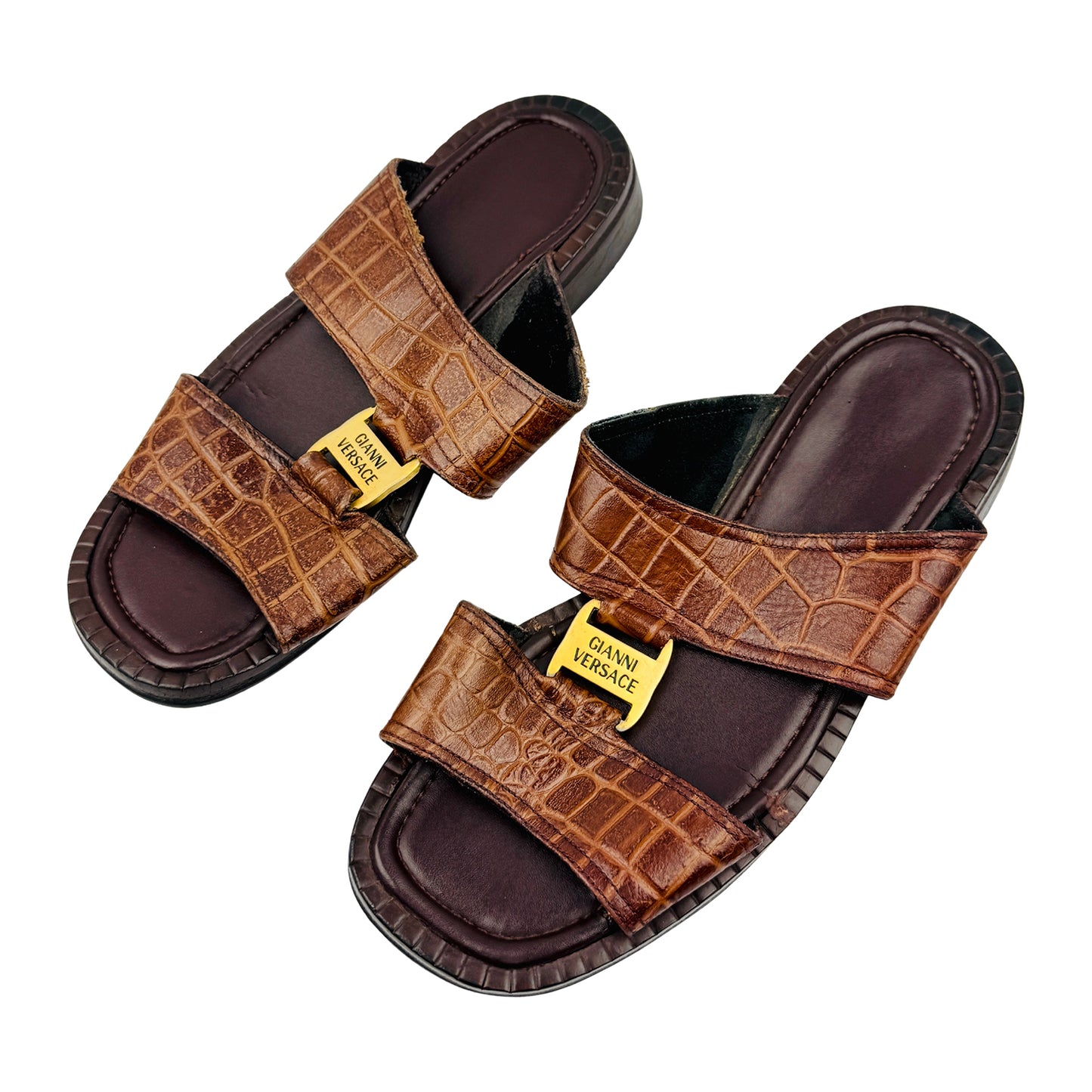 Versace Brown Crocodile Embossed Strap Slides (Size 42.5)