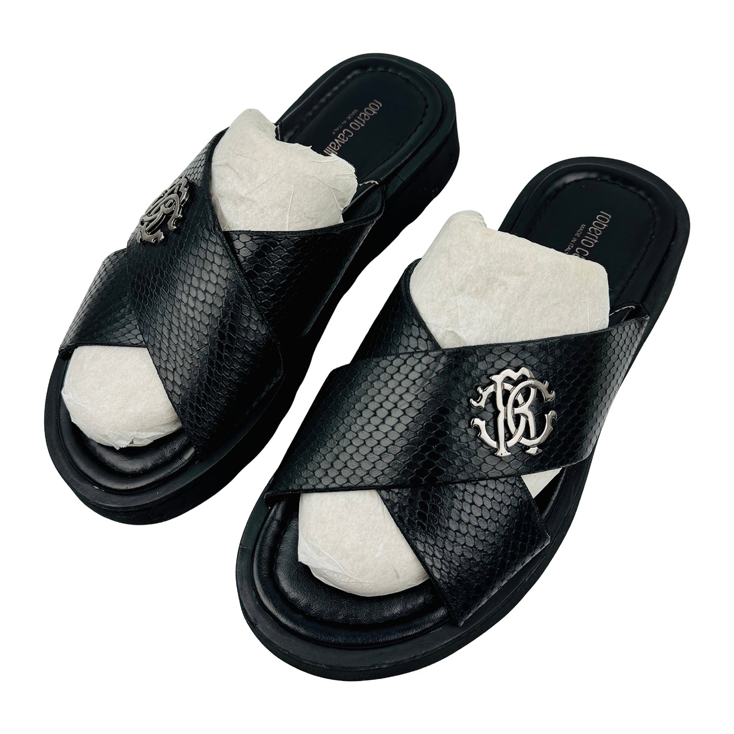 Roberto Cavalli Snake Effect Black Leather Slides (Size 41)