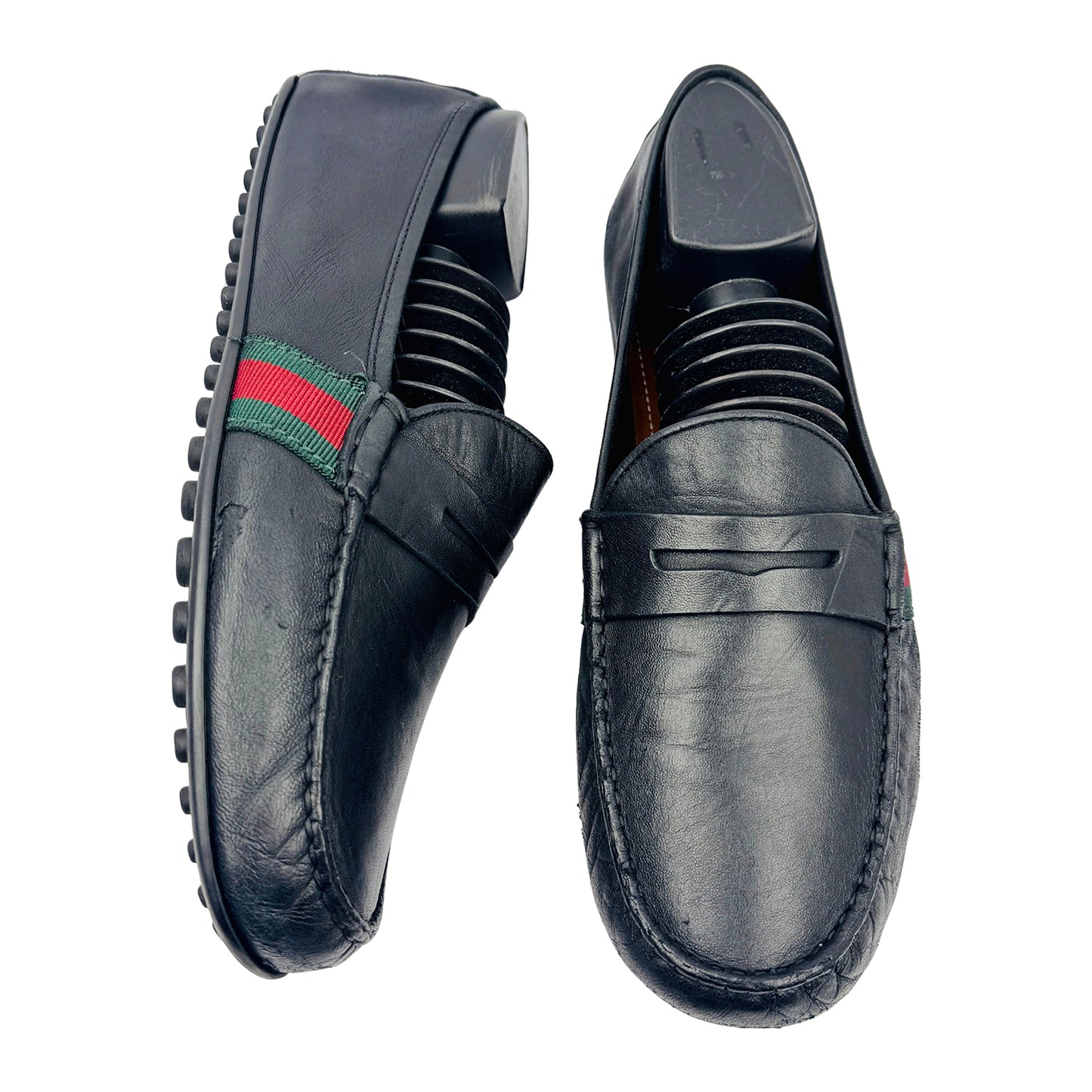 Gucci Men's Black Leather Web Loafers (Size 43.5) - 407411