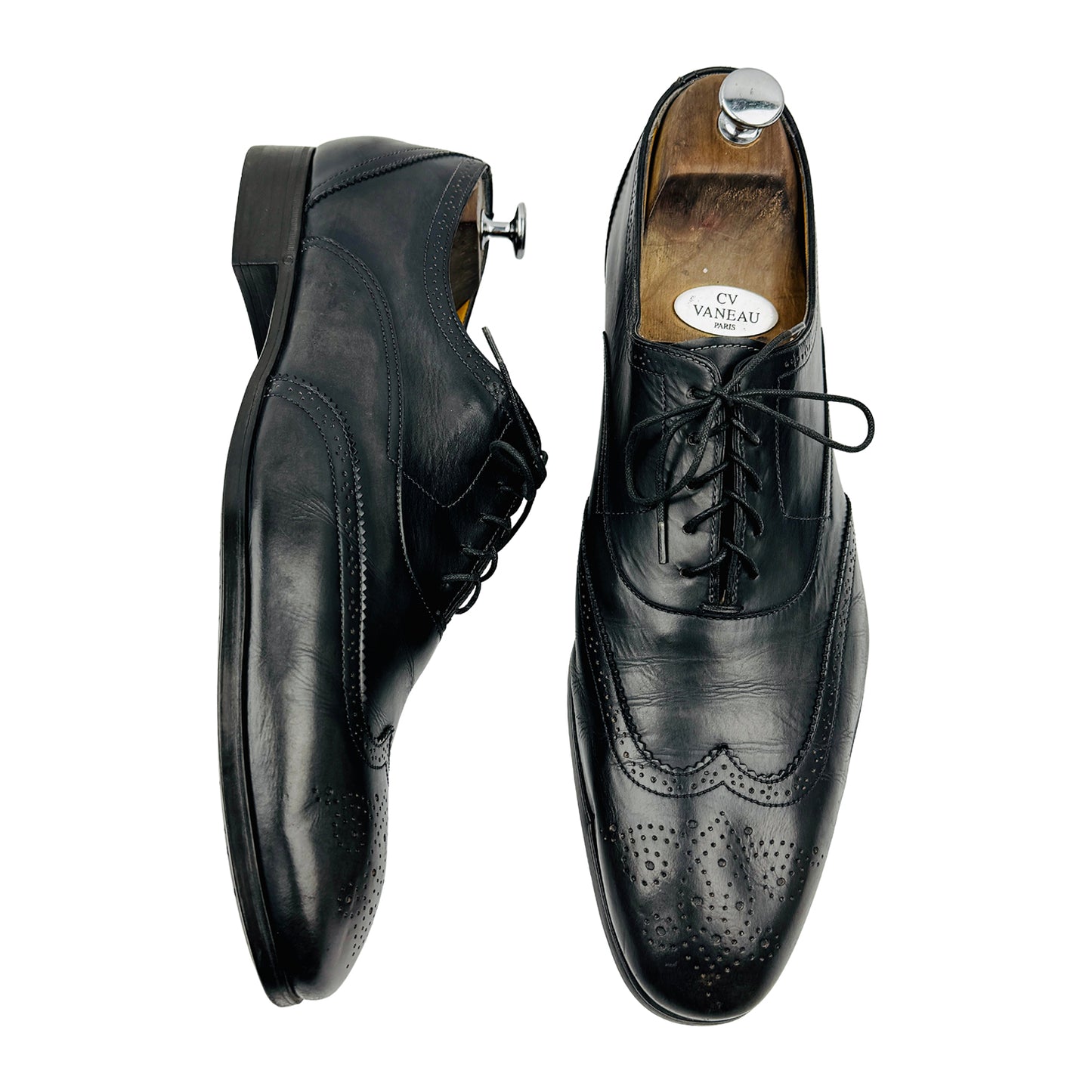 Santoni Men's Black Leather Wingtip Oxfords (Size 44.5)