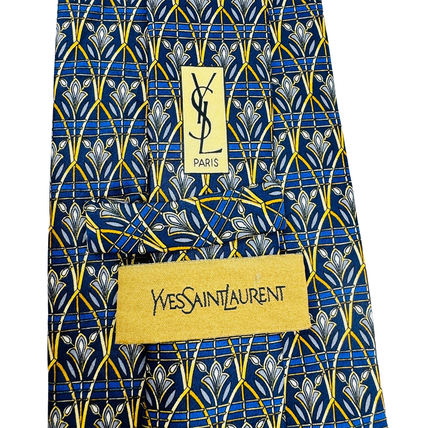 Yves Saint Laurent Navy Blue 'Geometric Floral Pattern' Tie (Size Regular)