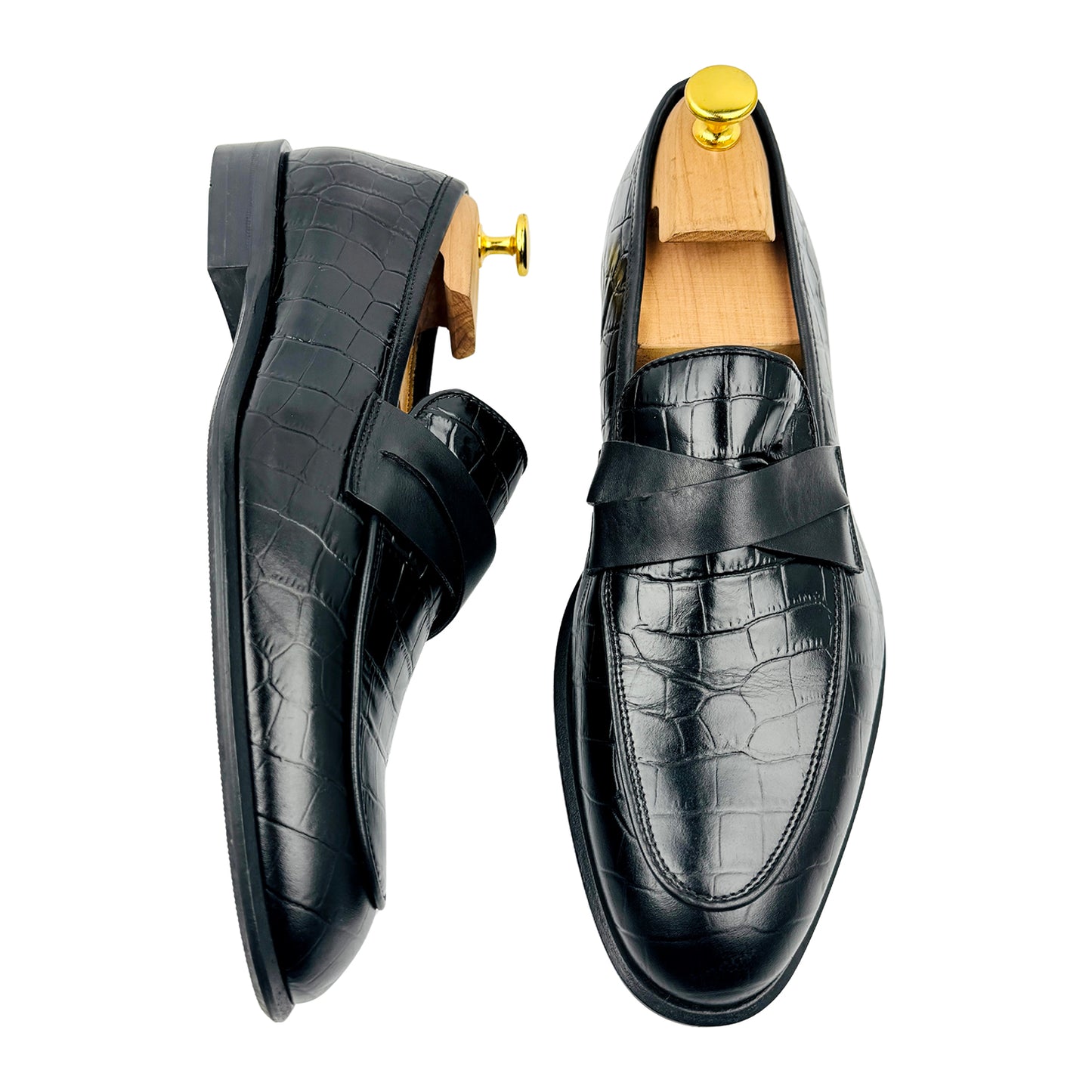 Conhpol Croc-Embossed Black Leather Loafers (Size 41.5)
