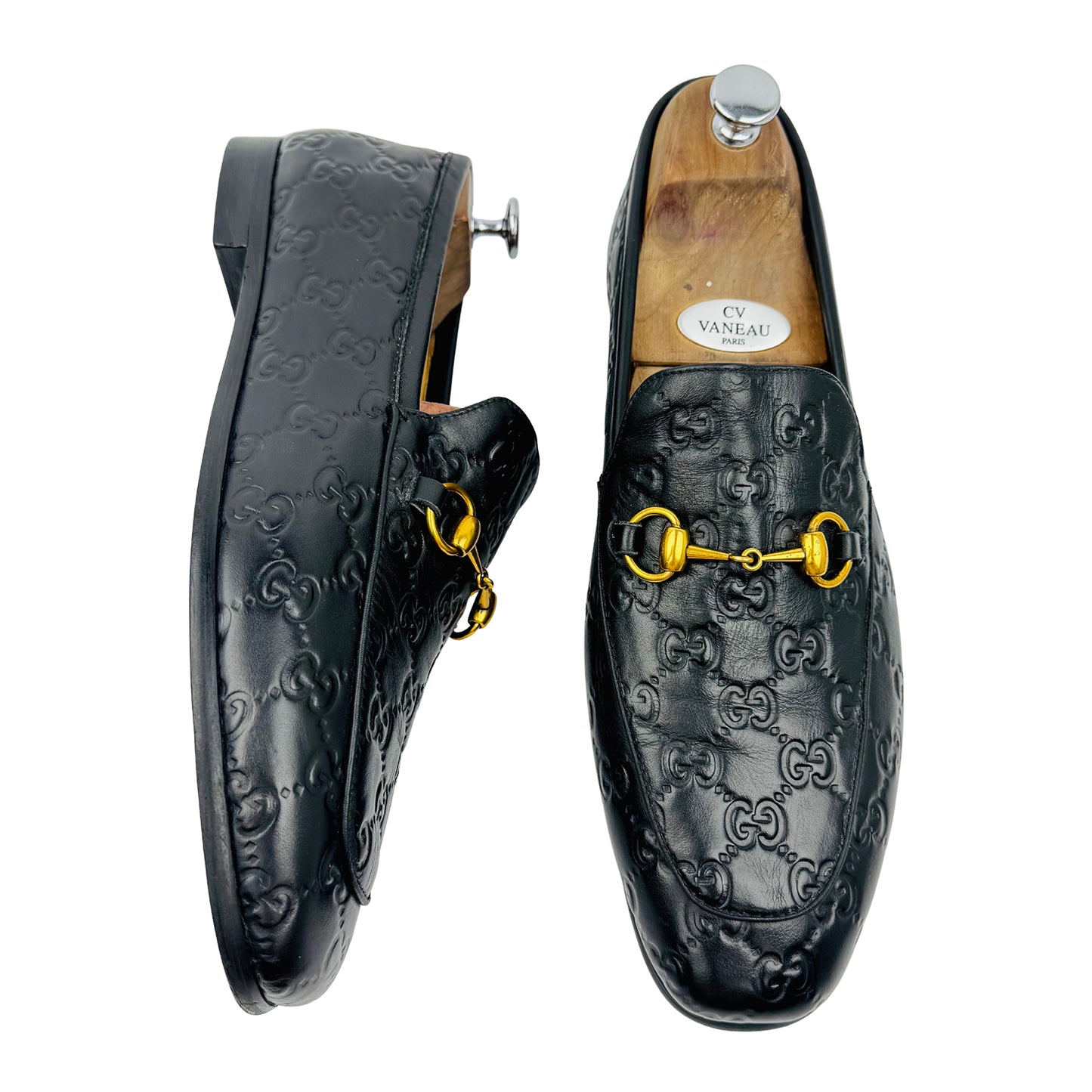 Gucci Jordaan Black Leather GG Embossed Loafers (Size 45)