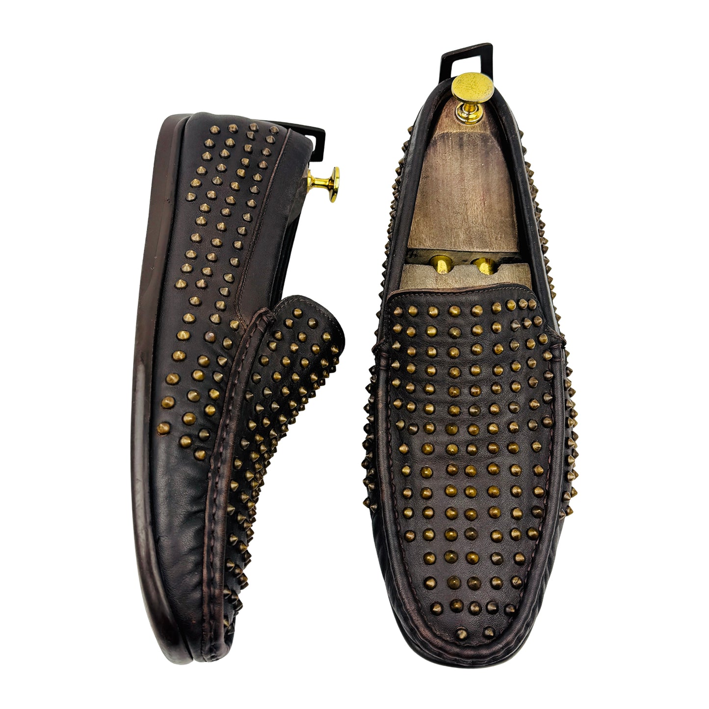 John Ricardo Brown Leather Studded Loafers (Size 43)